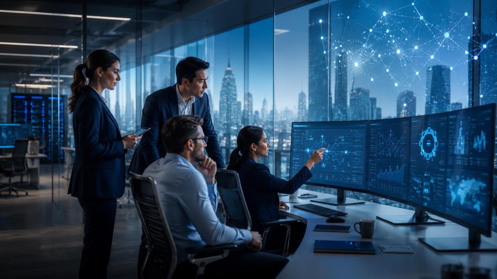 Innovaiden delivery team reviewing intelligence across multiple monitors with a city skyline behind